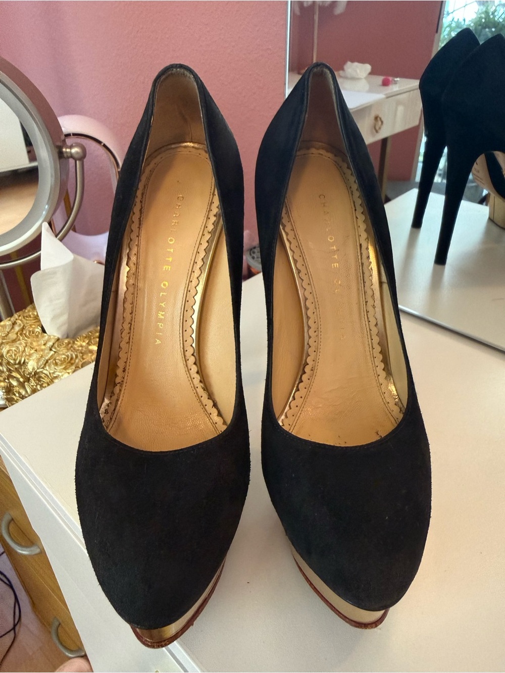 Charlotte Olympia Black Suede Platform Pumps